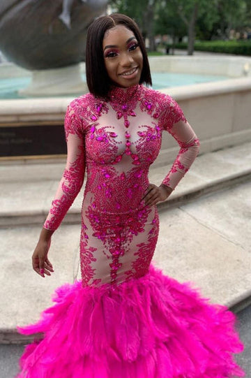 LONG SLEEVES CRYSTALS MERMAID EVENING GOWNS APPLIQUES PROM DRESS HZ1023